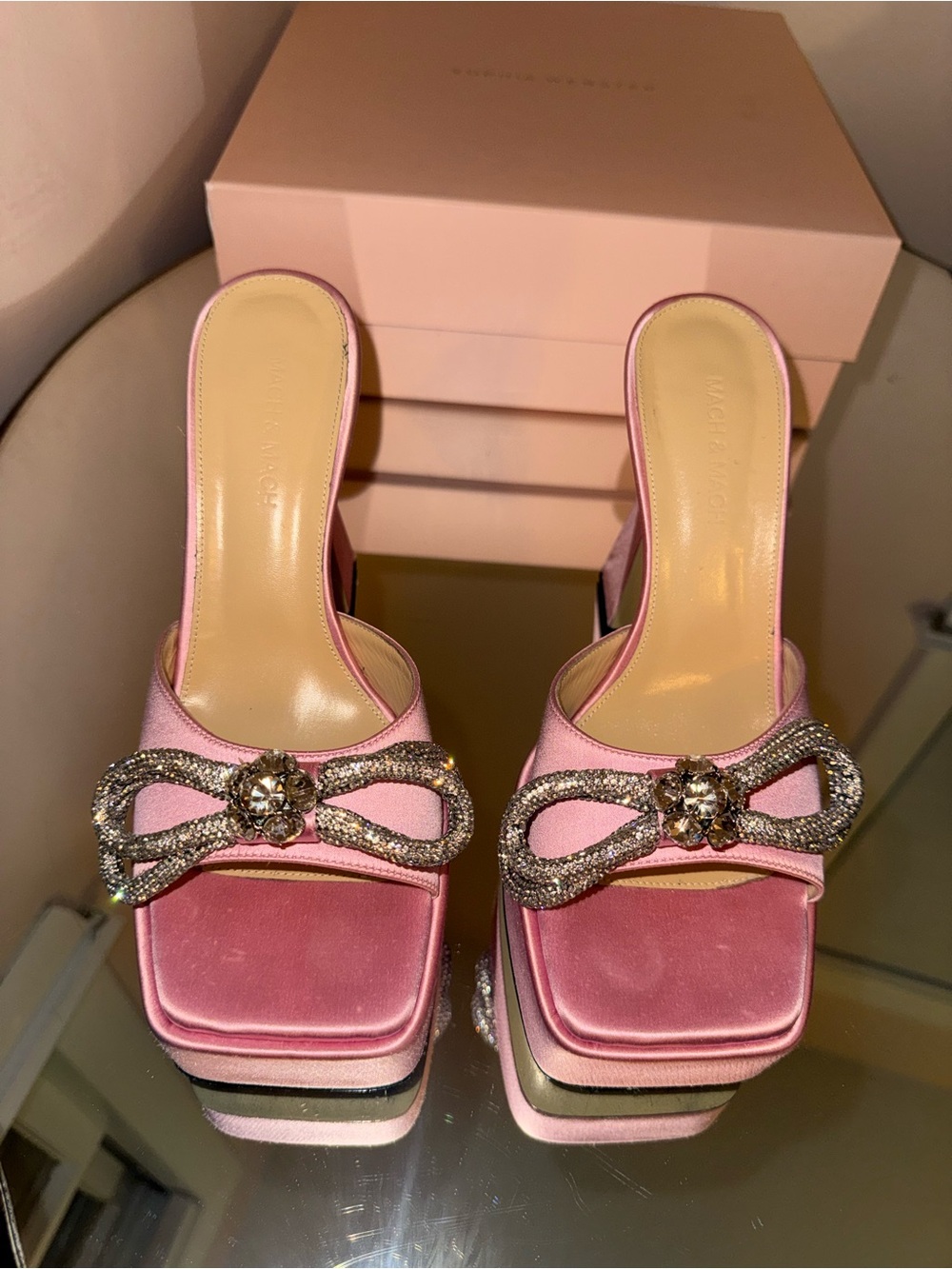 MACH & MACH Pink Satin Double Crystal Bow Platform Mules